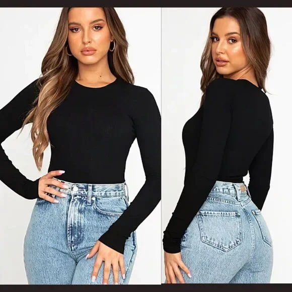 BLACK LONG SLEEVE BODYSUIT - Picture 1 of 4